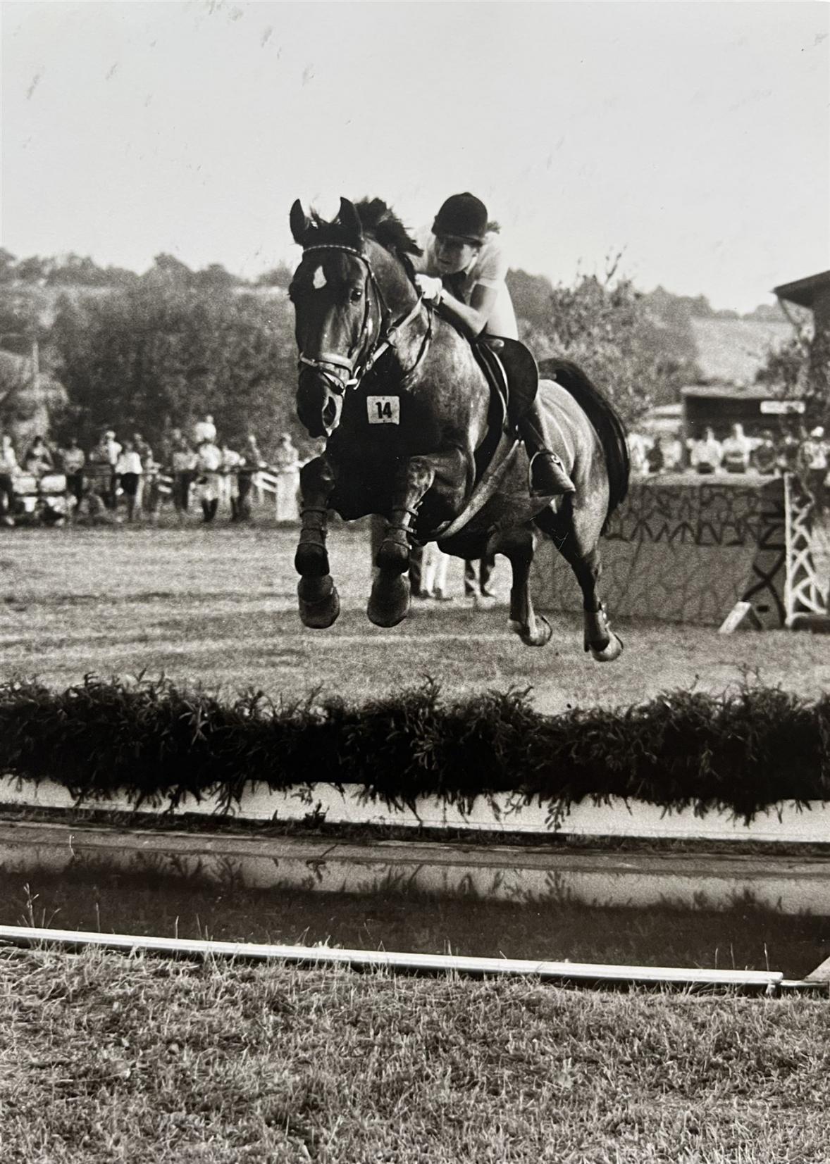 Elke Wedig springt mit einem dem Pferd über den Wassergraben